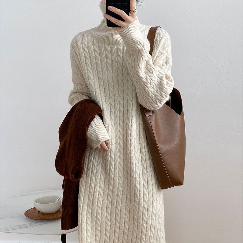 High collar long twist knitted skirt women's Korean-style loose thick warm sweater skirt long over the knee dress tide High collar long twist knitted skirt women's Korean-style loose thick warm sweater skirt long over the knee dress tide