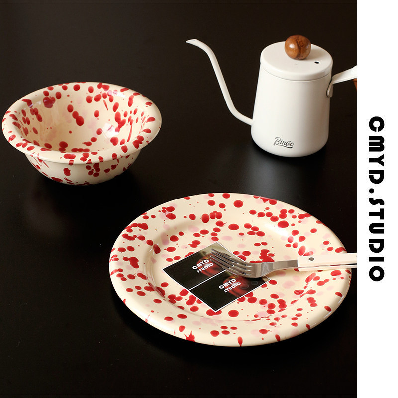 Polka Dot Red Bubble Tableware Set for the Year of the Zodiac, Ceramic Tableware Bowl and Plate Set, High Aesthetic Value for New Year Breakfast Oatmeal Bowls and Plates