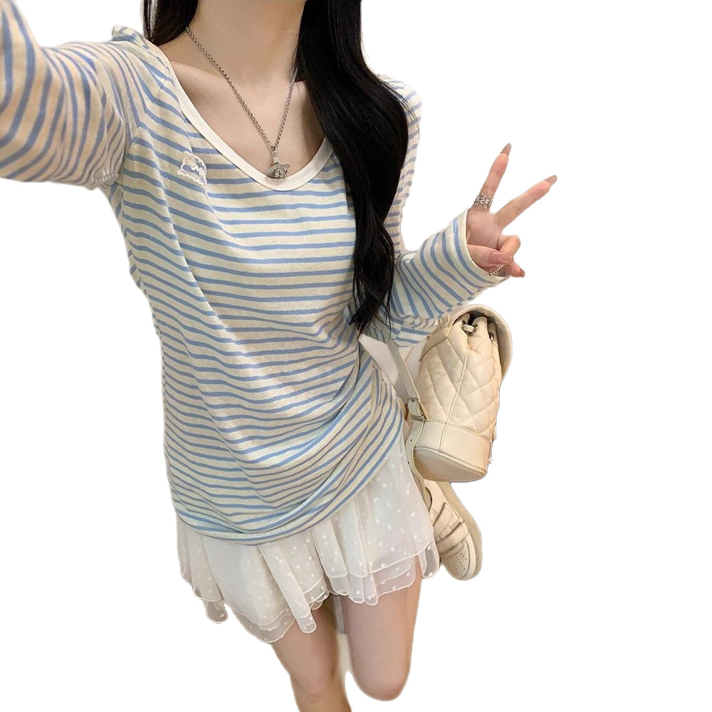 Blue Striped Sunscreen Long-sleeved T-shirt Women's Spring And Autumn Loose Lazy Blouse Top_ecoleips.com