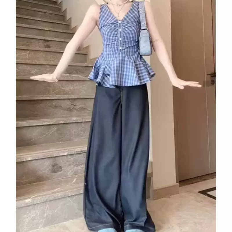 夏季时尚套装法式甜辣v领无袖格子衬衫衬衣百搭阔腿裤女装两件套