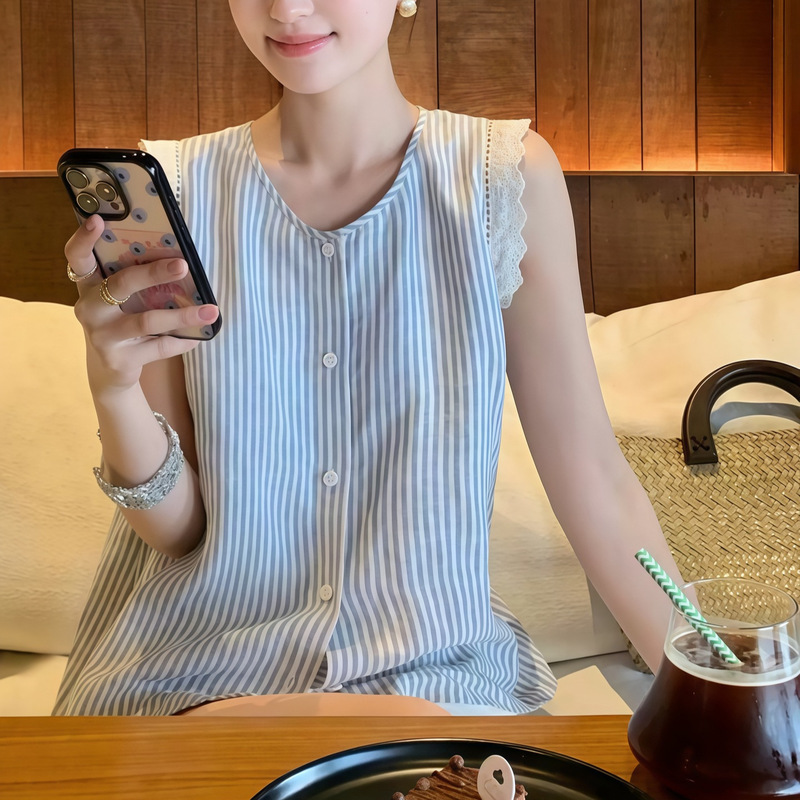 Pusumed French Retro Sleeveless Shirt for Women, Striped Vest, Lace-Trimmed Blouse, Linen Shirt