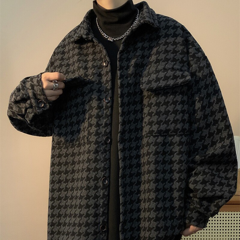 Houndstooth Woolen Jacket Men's Spring American Retro Loose Fashionable Spring and Autumn Men's Clothes Chanel Style Jacket Houndstooth Woolen Jacket Men's Spring American Retro Loose Fashionable Spring and Autumn Men's Clothes Chanel Style Jacket