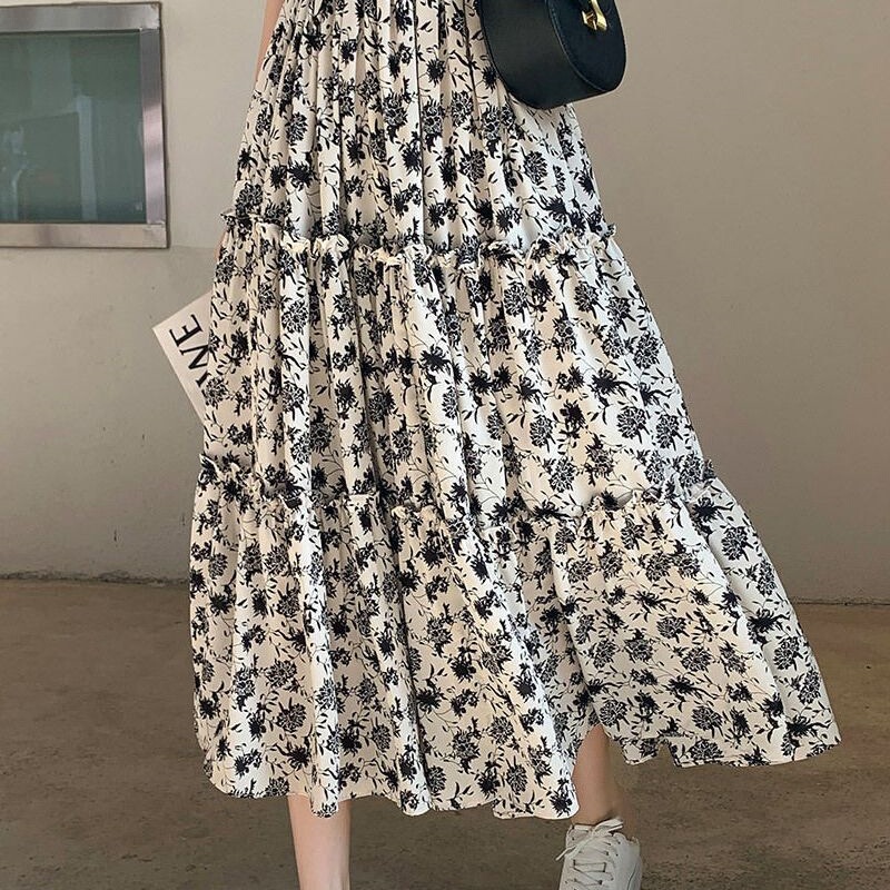 Pleated High-Waisted Skirt for Petite Women, New Summer 2025 Floral Chiffon Long Skirt