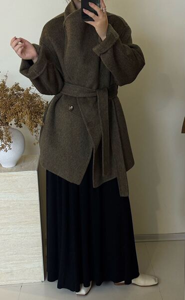 Korean-Style Elegant Double-Sided Wool Coat for Women, Winter, Petite Size, Stand-Up Collar, with Belt, Loose Woolen Coat, Mid-Length