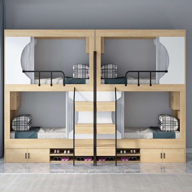 新款双层床太空舱员工宿舍高低床公寓床上下铺全包实木床衣柜简约