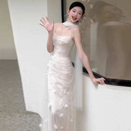 法式轻婚纱森系仙气鱼尾甜美新娘花朵晨袍轻奢抹胸订婚礼服出门纱