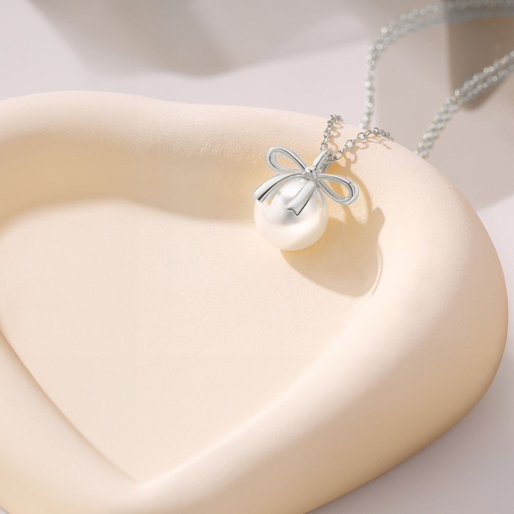 Bow Knot Pattern 925 Sterling Silver Artificial Pearls Cable Chain Plating Inlay Bow Knot Pendant Necklace