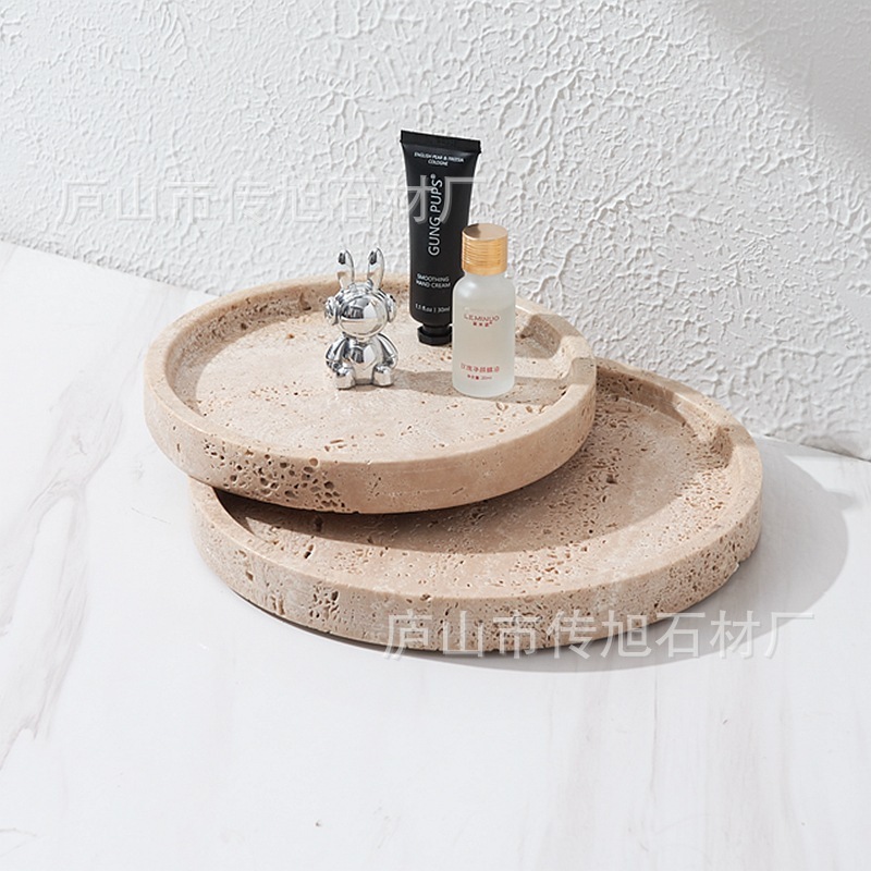 Nordic natural marble cave stone tray round ancient wood grain storage tray decorative plate wash suit tray