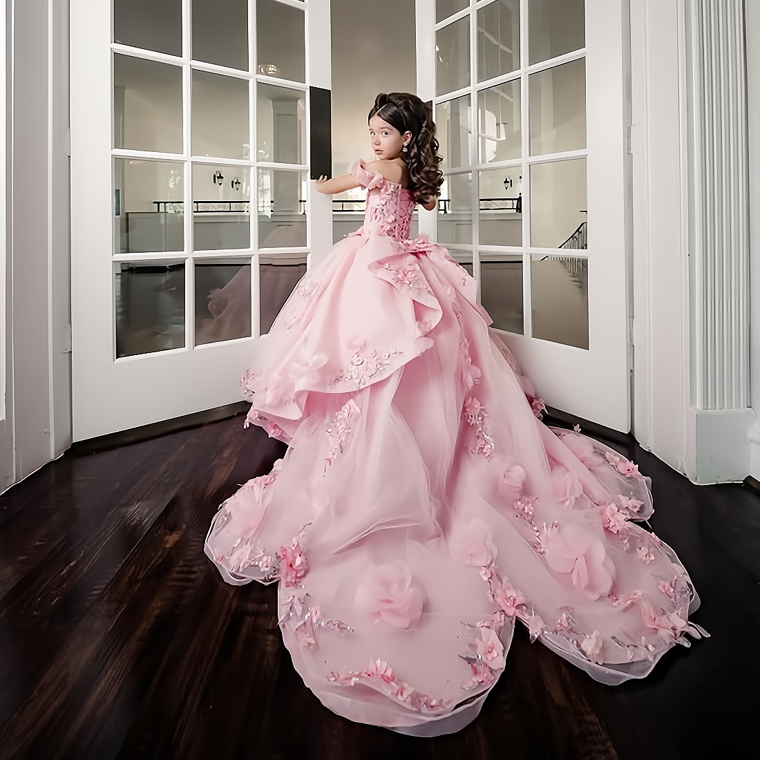 Nuevo vestido de princesa floral chica vestido de cola largo vestido de noche rosa con hombro de alto grado