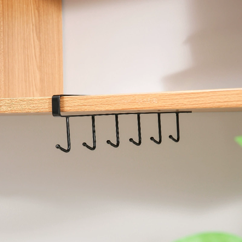 Punch‑free 6‑hook under‑shelf hanging rack, multi‑row storage for cabinet and kitchen
