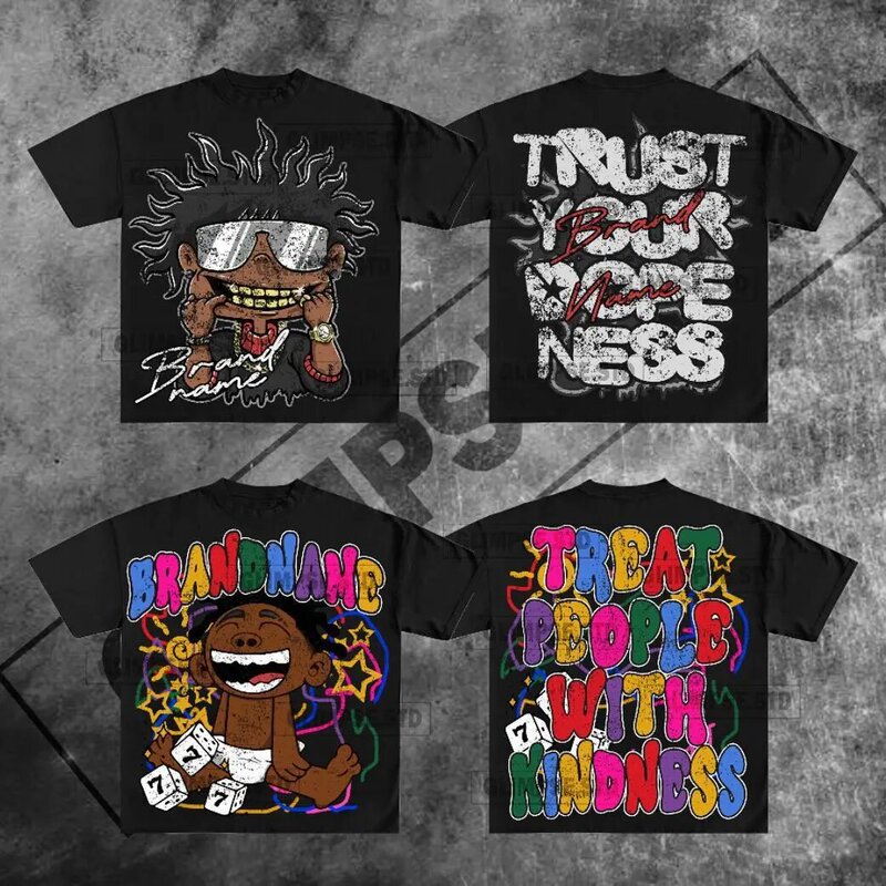 American Cartoon Graphic T-Shirt, Gray Plaster Gothic Oversized T-Shirt, Couple Y2K Top Korean Gothic Men's Clothing Wholesale