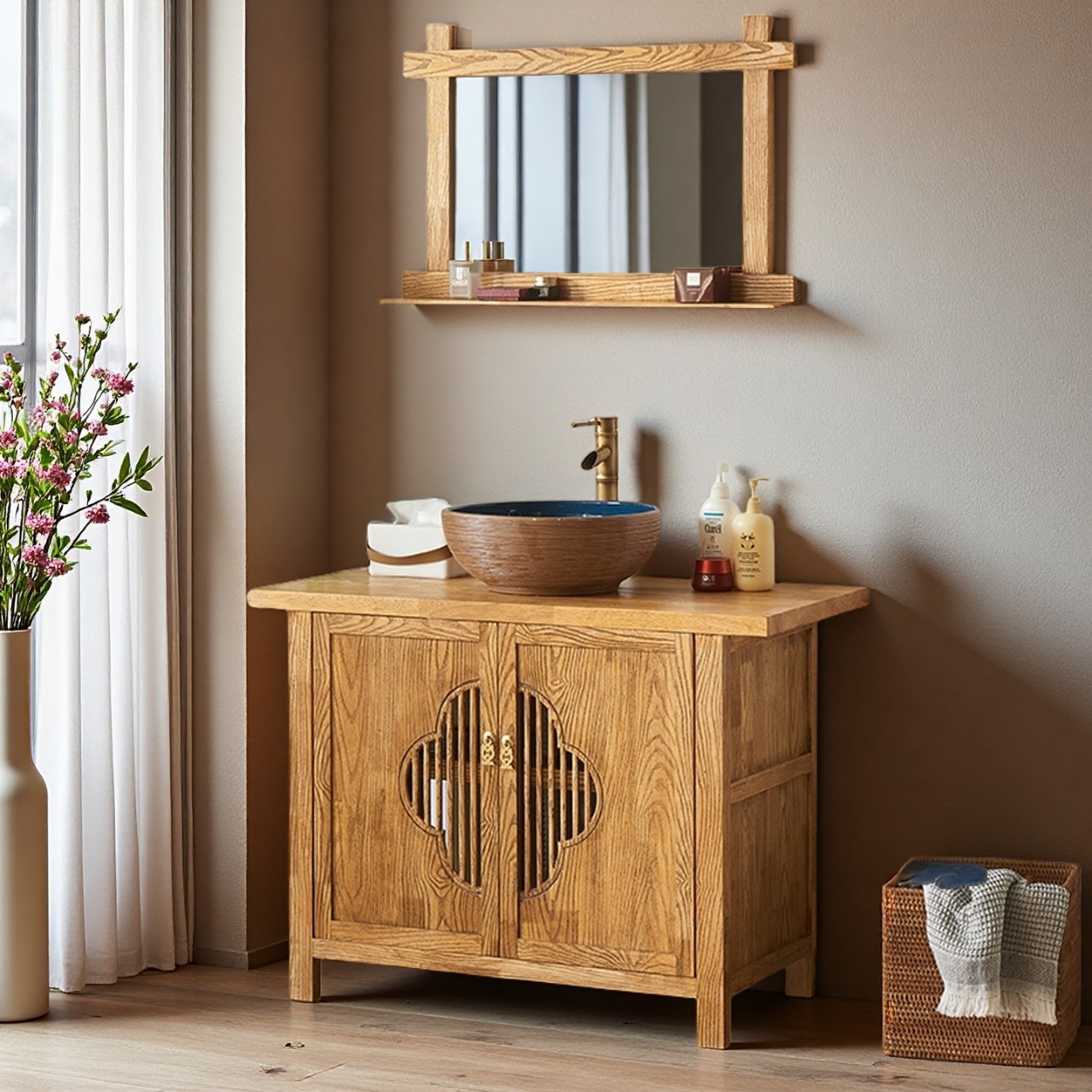 Wabi-Sabi Style Solid Wood Bathroom Cabinet, Antique Style Washbasin Cabinet, Weathered Old Elm Bathroom Washstand Washbasin Cabinet