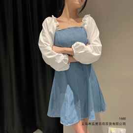 法式小众复古方领泡泡袖减龄收腰连衣裙女长袖初恋牛仔裙夏季2026