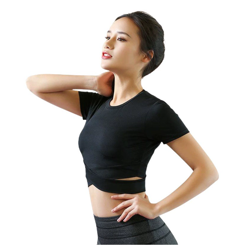 Футболка для йоги для женщин, спортивная футболка с коротким рукавом и вырезом на талии для фитнеса и танцев, быстросохнущая футболка для бега, оптом от производителя с возможностью индивидуального заказа.
