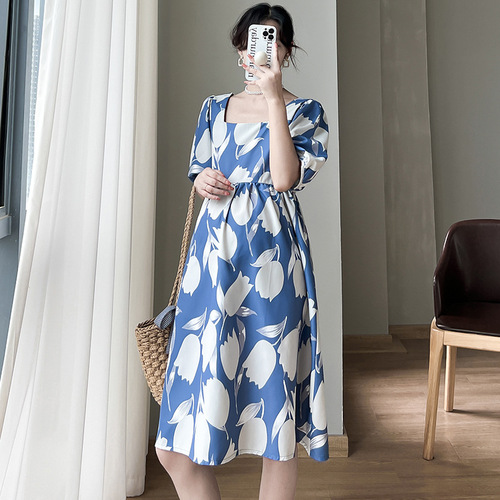 Maternity Summer Dress Fashion Short Sleeve Square Neck Print Loose Plus Size Skirt Summer Influencer Maternity Skirt