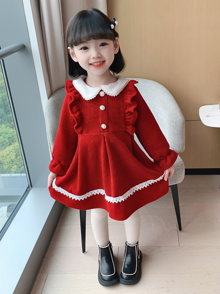 Girl's Fashionable 2023 Autumn New Fashion Sweet Doll Neck Princess Dress Trend for Small and Medium Sized_voghion.com