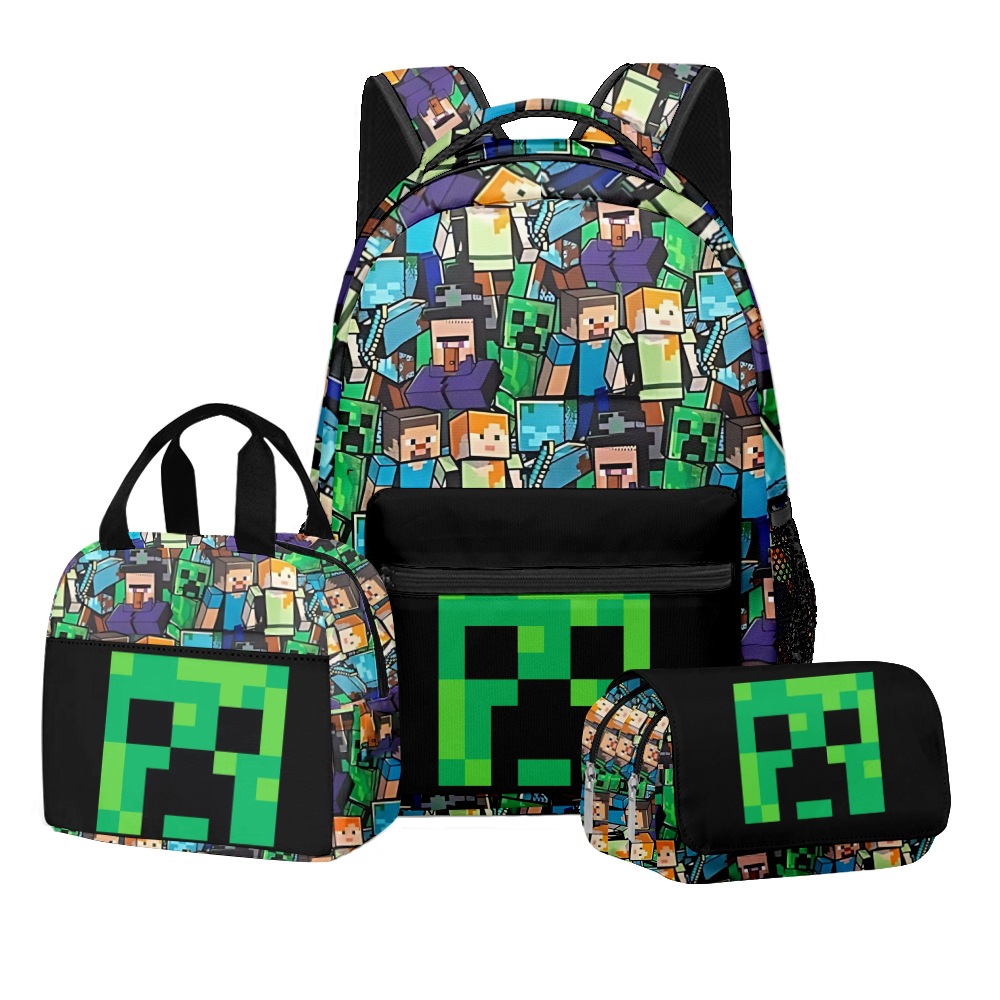 Nuevo producto 3D My World Minecraft mochila de estudiantes de primaria y secundaria bolsa de almuerzo bolsa de bolígrafo doble tres piezas set