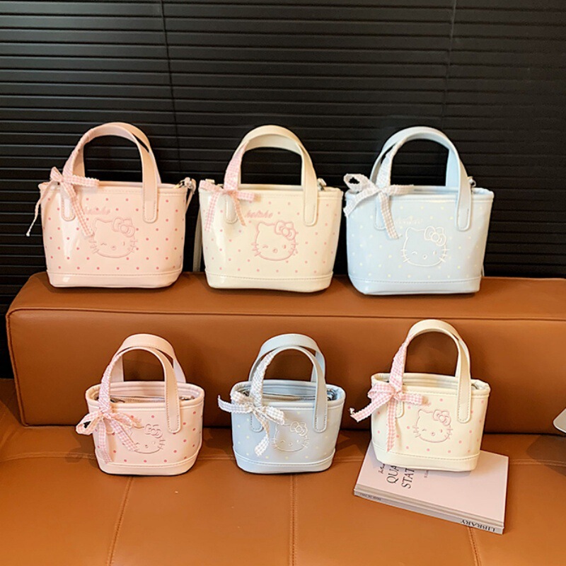 Korean-Style Kt Cat Embroidered Mini Bucket Bag for Girls, Cute Polka Dot Bow Crossbody Shoulder Accessory Bag Korean-Style Kt Cat Embroidered Mini Bucket Bag for Girls, Cute Polka Dot Bow Crossbody Shoulder Accessory Bag