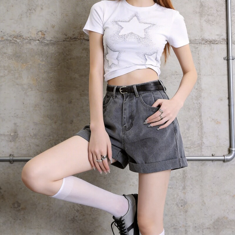 Jiajun Curled Denim Shorts Women's Spring and Autumn Retro Niche Pants Loose Slim A-Line Wide Leg Hot Pants Summer