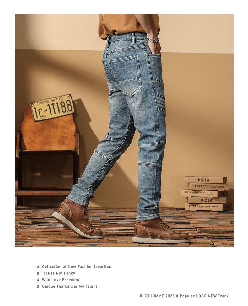 Nouveaux jeans de moto de marque de mode coréenne Slim Fit petits pieds haut de gamme décontracté polyvalent élastique denim pantalons pour hommes_voghion.com