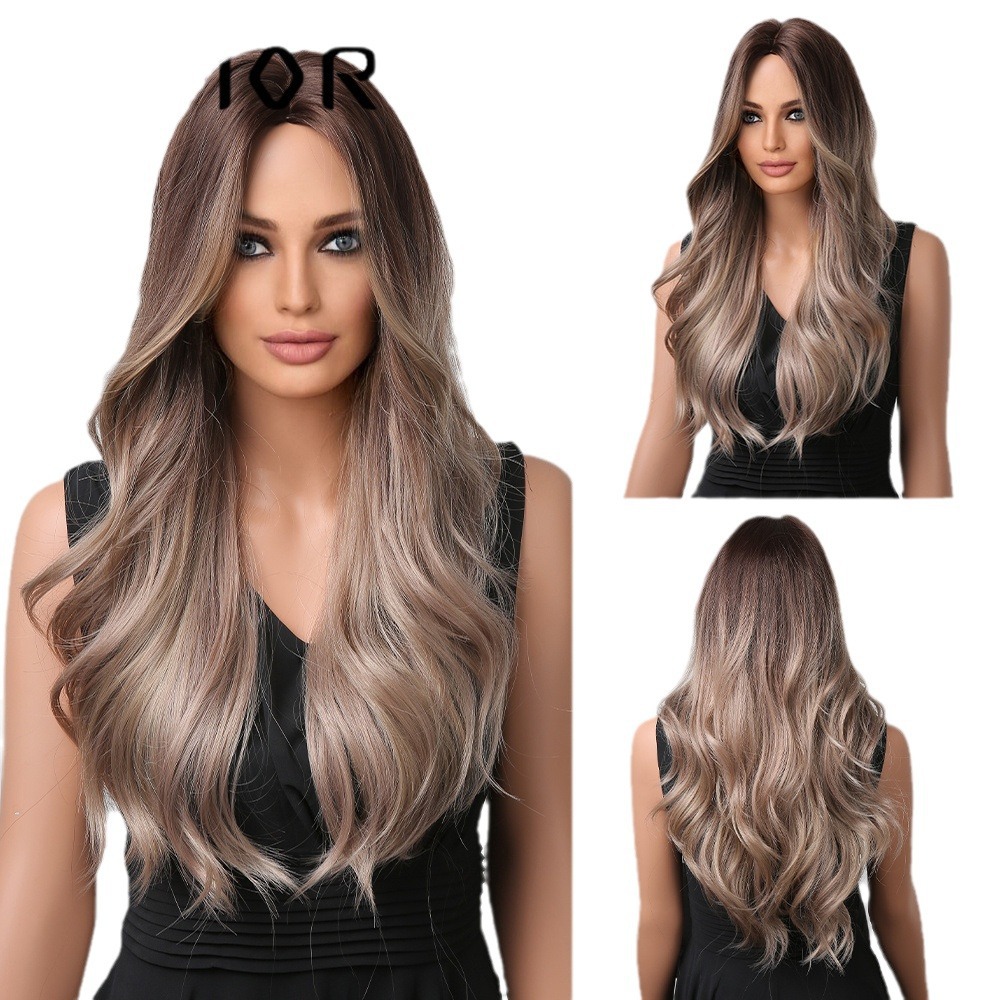 Amazon Comercio exterior transfronterizo nuevo cabello rizado largo de longitud media degradado resalte marrón Peluca de fibra química europea y americana cubierta de la cabeza completa