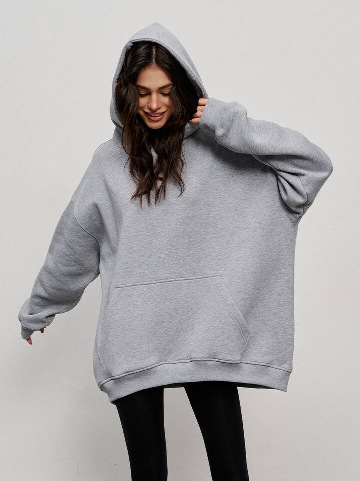 Áo hoodie nỉ lông dáng rộng có mũ và túi, tay dài, dáng unisex — Màu cà phê, Màu hồng, Màu xám, Màu đen chi tiết 33