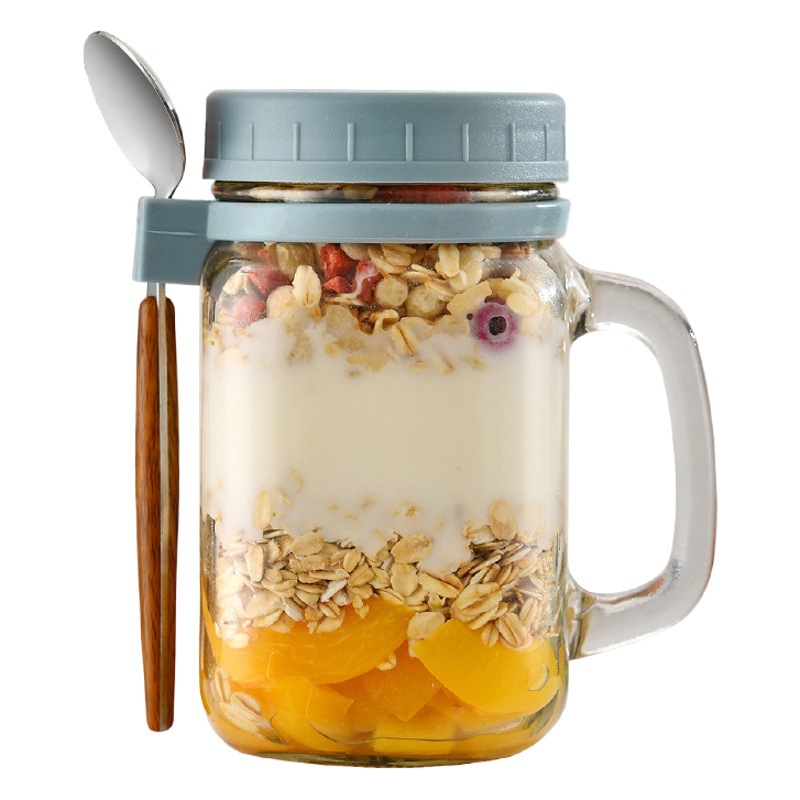 Amazon portátil 16oz desayuno durante la noche avena Mason botella mango taza de vidrio con cuchara con tapa taza de leche