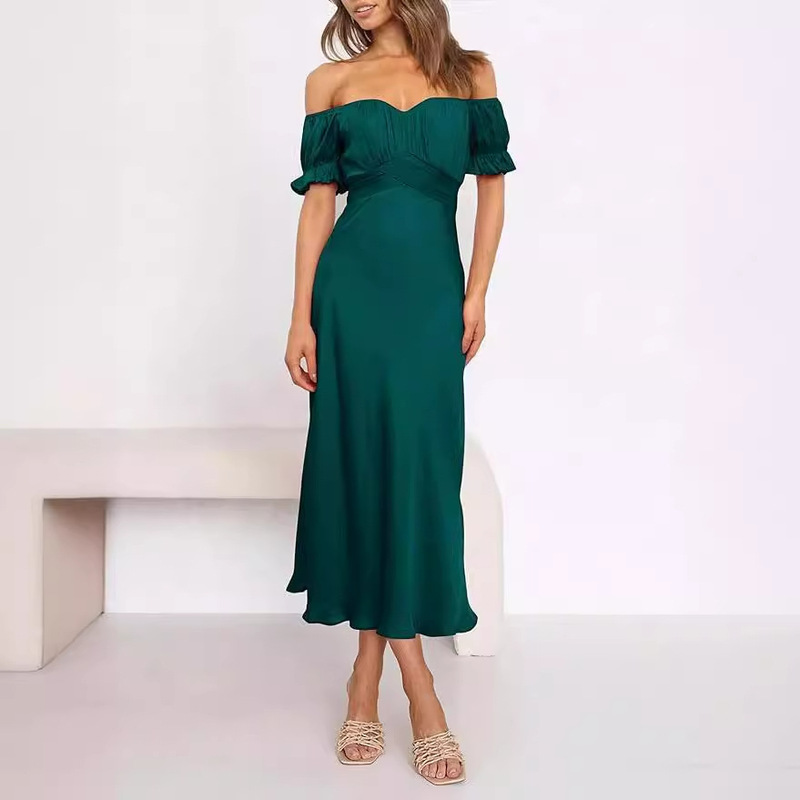 Summer Satin Mid-length dress off-the-shoulder Pleated Wedding Guest Party Cocktail Formal Prom Gown