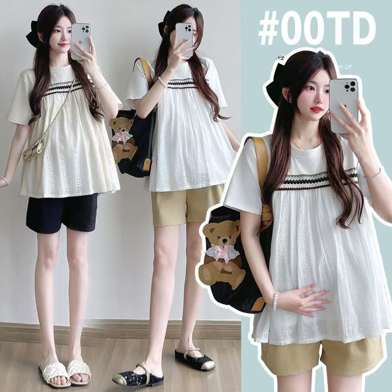 Maternity Tops Summer Thin Large Size Loose Slimming Look Cut Out Embroidered Baby Doll Clothes Summer Suit Two-Piece Set