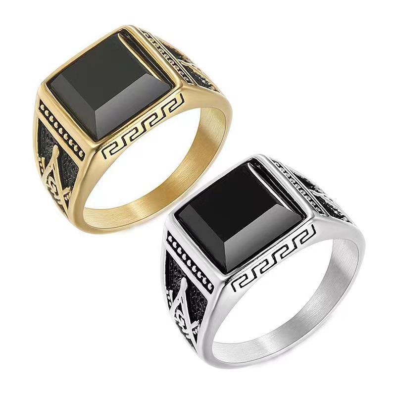European and American cross-border popular classic retro ring titanium steel color-retaining gold-plated black agate Masonic AG men's ring
