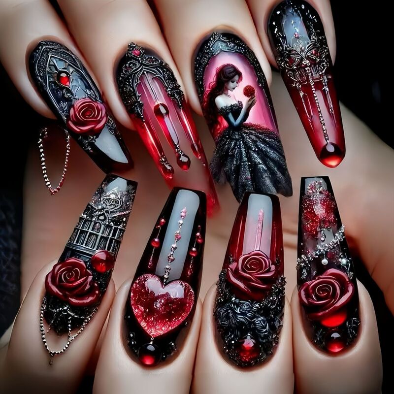 Valentine's Day Long Ballet Nails European and American Fashion Hot-Selling Fake Nails Wholesale Ins Style Wearable Nails Removable Valentine's Day Long Ballet Nails European and American Fashion Hot-Selling Fake Nails Wholesale Ins Style Wearable Nails Removable