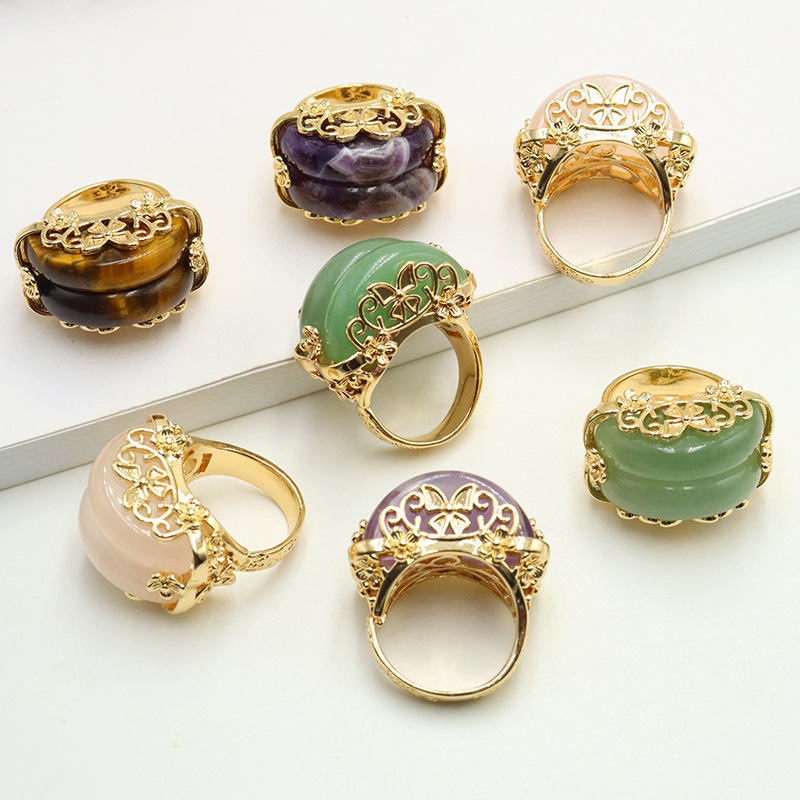 Natural crystal, natural stone, Korean-style ring, B-grade electroplated all-copper ring with a plum blossom setting, featuring a peace symbol and amethyst and tiger's eye stones