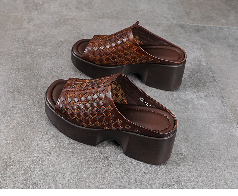 Sandal nữ da bò thật đế xuồng cao gót mũi hở kiểu dệt — màu nâu chi tiết 15