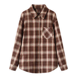 格子衬衫女2025年冬季新款挺括量感复古长袖翻领衬衣L0071016012