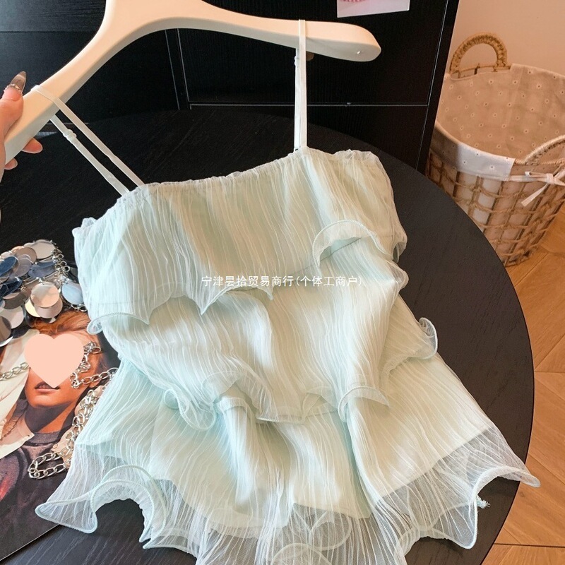 Real Shot of a French-Style Gentle and Elegant Camisole for Women, New Summer Model with Multi-Layered Ruffles, Chiffon Tank Top, Unique Sleeveless Outerwear
