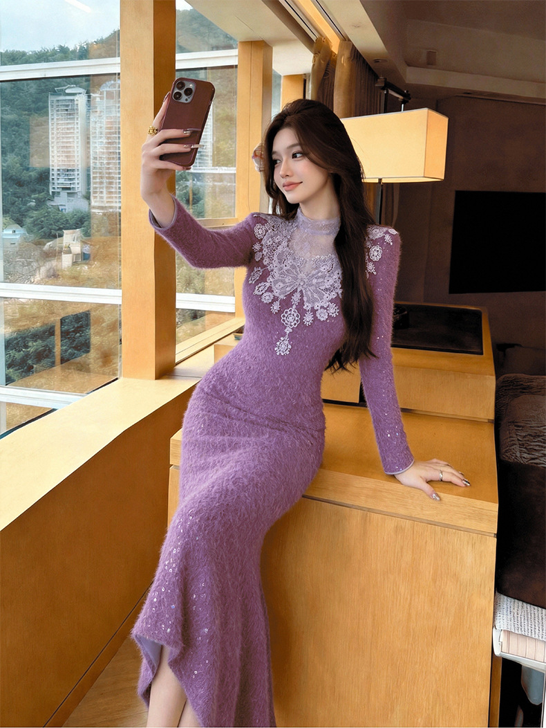 Đầm ôm body nữ cổ tròn ren chắp vá eo thon dáng dài — màu tím chi tiết 8