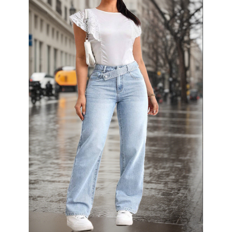 Pantalones vaqueros de mezclilla holgados de pierna recta con cintura superpuesta, color azul claro y lavado informal para mujer._voghion.com