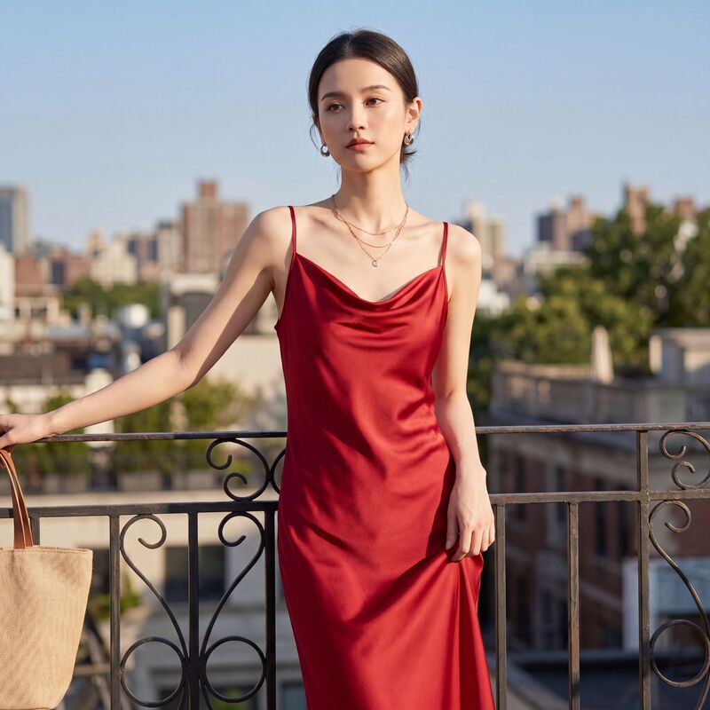 Summer French-Style Silk Camisole Dress for Women, Satin Draped Neckline, Elegant Slim-Fit Dress, Fitted Inner Tank Dress Summer French-Style Silk Camisole Dress for Women, Satin Draped Neckline, Elegant Slim-Fit Dress, Fitted Inner Tank Dress