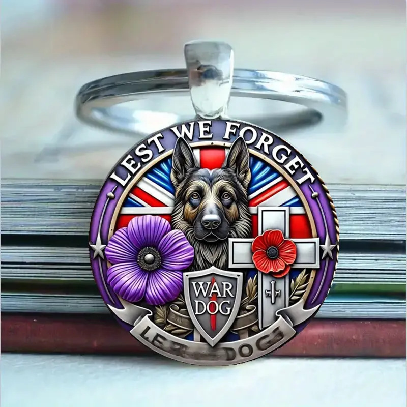1 "Don'T Forget" War Dog Purple Poppy Flower Alloy Keychain, Commemorating Anzac Day and Honoring Britain