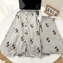 网红新款仿棉卡通灰色米奇睡衣女春秋季长袖长裤感可爱家居服套装