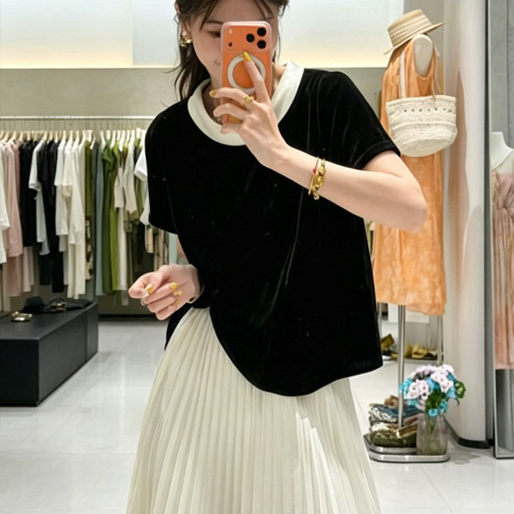 French-Style Color-Block Velvet Short-Sleeve T-Shirt for Women, 2026 Summer New Style, Loose Fit, Slimming, Elegant, Versatile Patchwork Top
