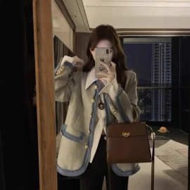 小香风撞色拼接垫肩西装外套女2025秋冬设计感小众气质名媛上衣潮