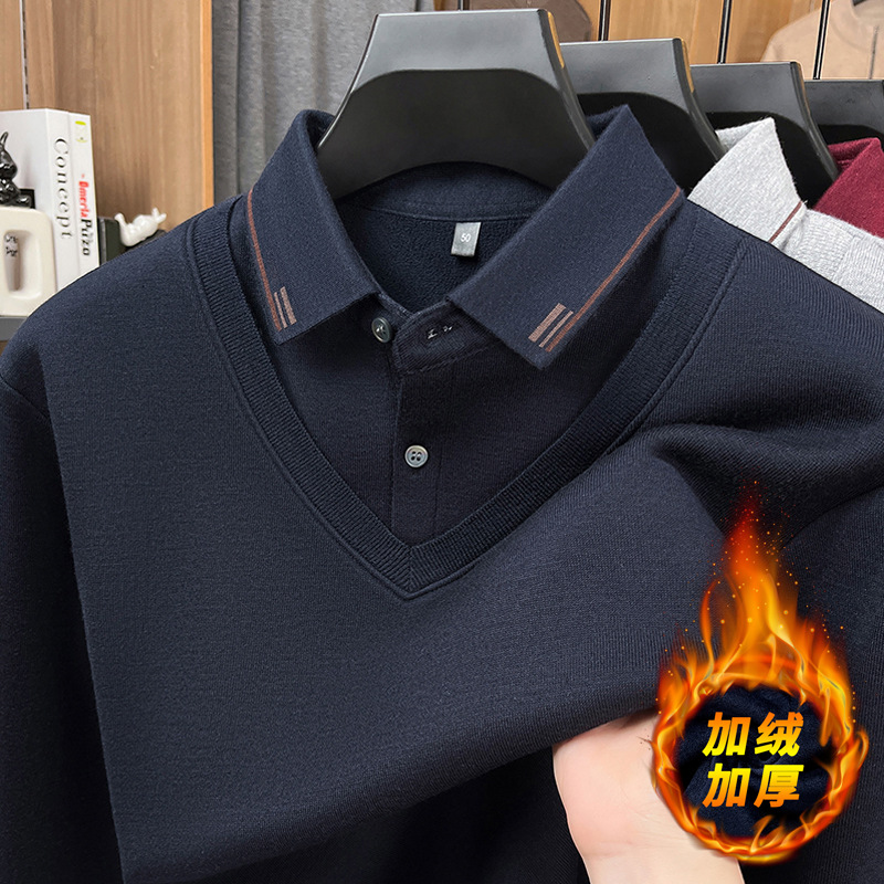 Men's faux two-piece wool sweater with a casual shirt collar, fleece-lined, thickened, warm, integrated fleece, knitted sweater for dad