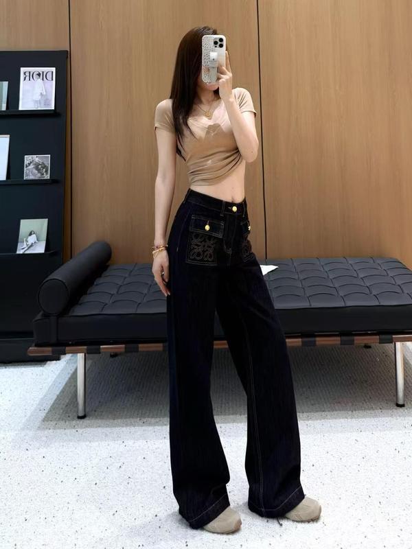 早秋新款美式复古双口袋阔腿牛仔裤女南油宽松遮肉拖地直筒长裤子|undefined