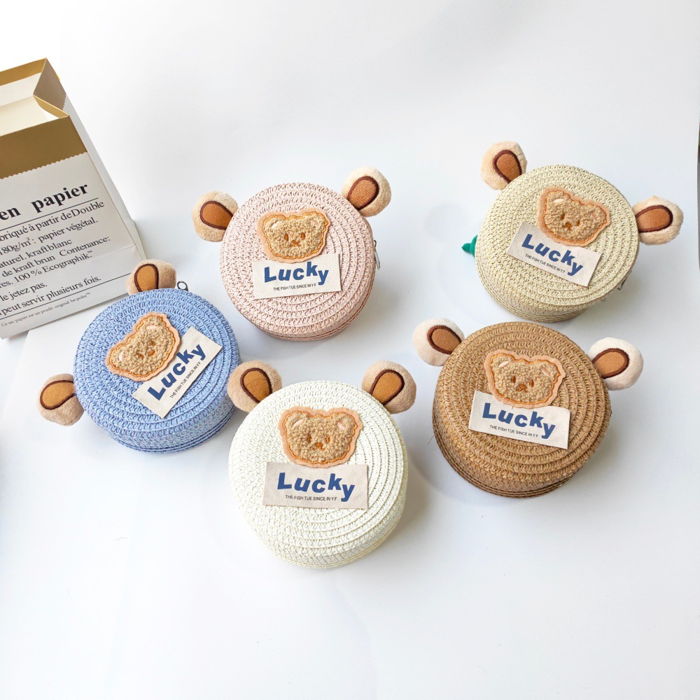 Summer Children's Cartoon Straw Bag, Cute Little Bear, Lucky Label Crossbody Bag, Baby Travel Decorative Small Bag