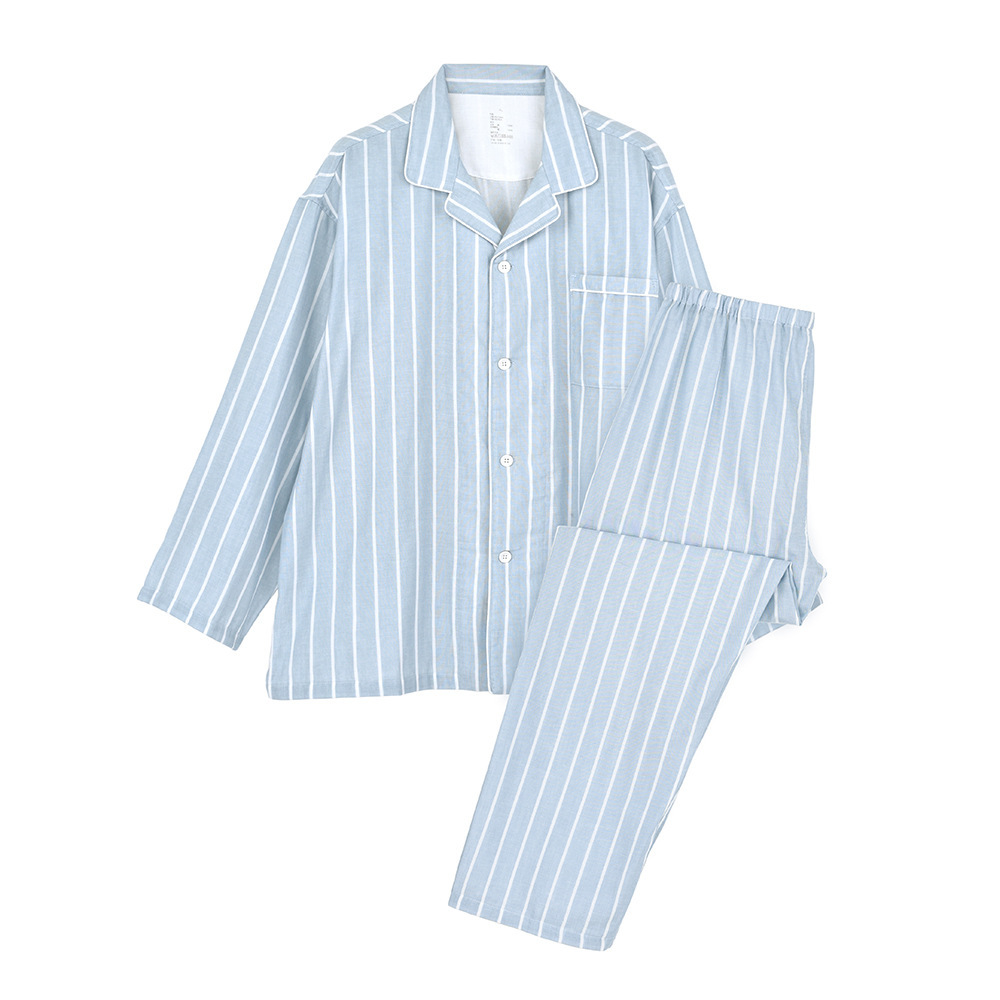 [Manga larga de gasa doble capa] 892 azul ahumado a rayas, estilo para hombre / S