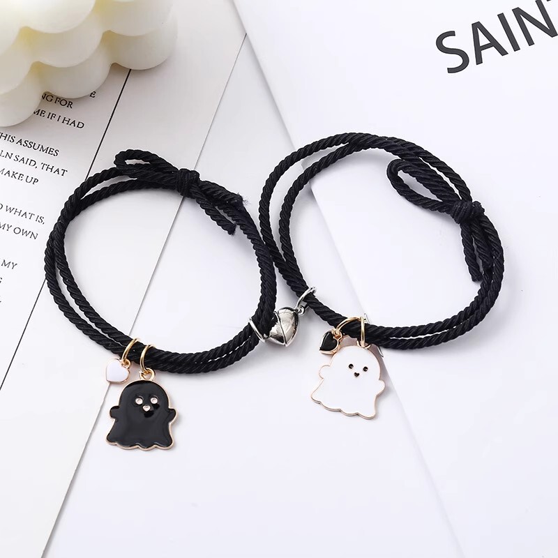 Black and White Ghost Bracelet Hair Rope Dual-Purpose Couple Rubber Band Pair for Boyfriend Heart Magnet Attraction Hand Rope Head Rope