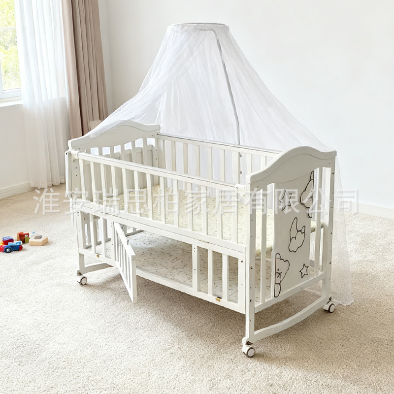 In-stock at the factory: Newborn baby rocking crib, solid wood multifunctional baby crib, can be combined with a large bed, with storage and is movable