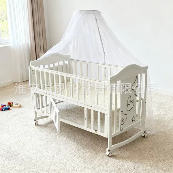 In-stock at the factory: Newborn baby rocking crib, solid wood multifunctional baby crib, can be combined with a large bed, with storage and is movable