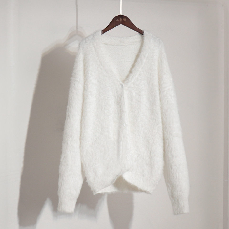 Áo cardigan len dệt kim giả lông chồn cổ V tay dài form rộng nữ — Màu hồng, Màu kaki, Màu trắng, Màu xám nhạt chi tiết 45